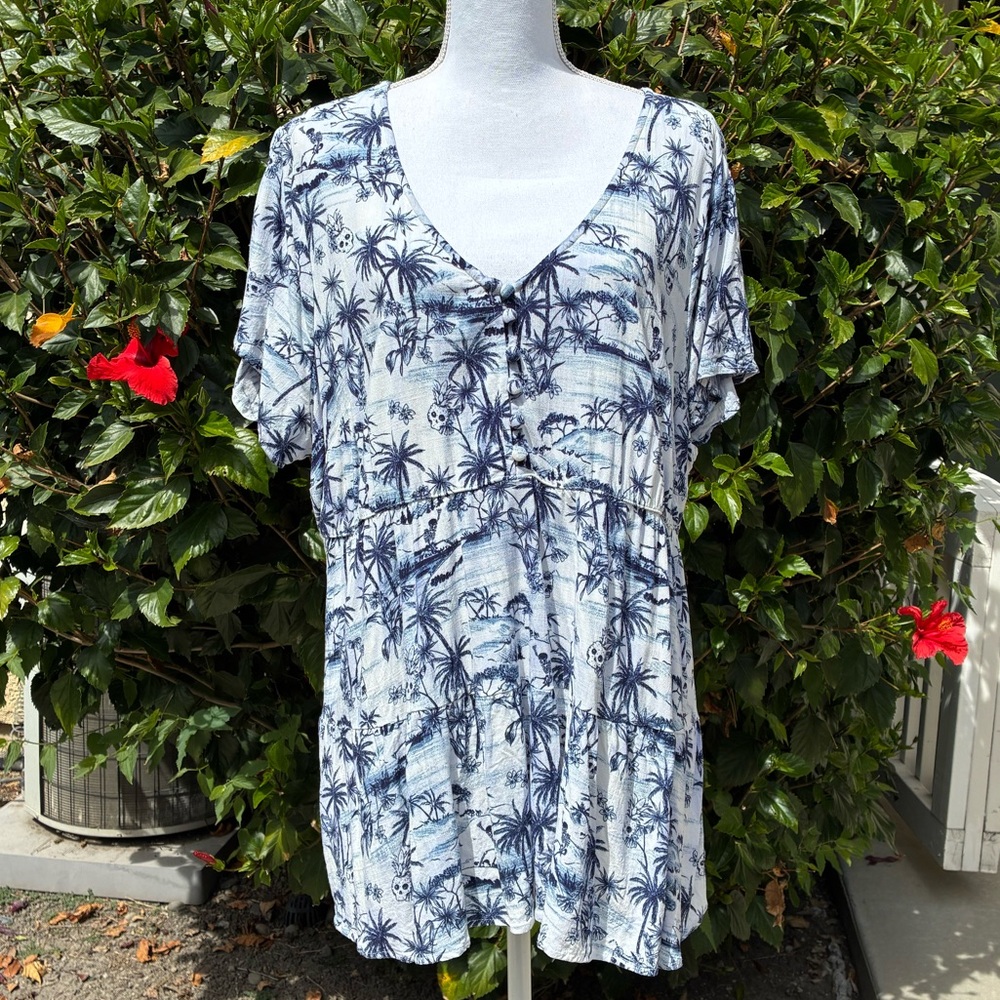Torrid Tropical Skull Slub Babydoll Flutter Sleeve Top Size 1X